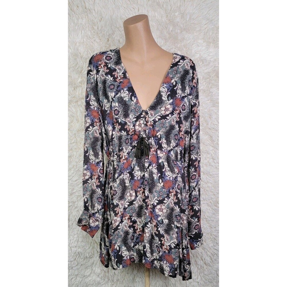 Free People Stealing Fire Henley Dress Black Size L Floral Long Sleeve Pockets C